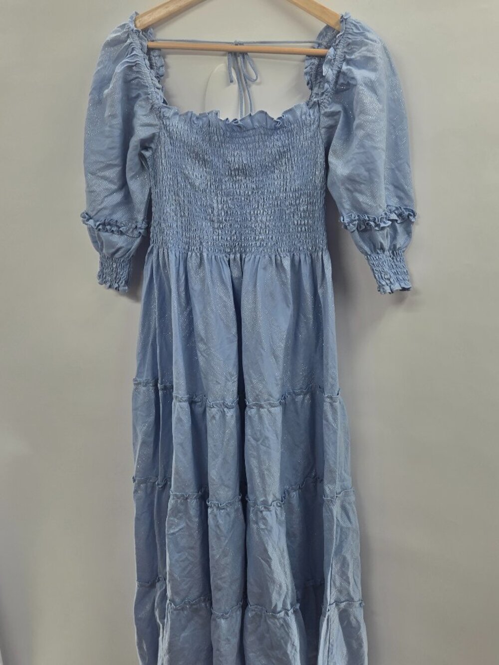 Hill House Home Light Blue Silver Metallic Shimmer Smocked Midi Nap Dress XS